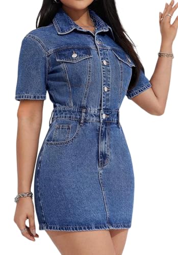 Image of Denim Bodycon Dresses for Women Trendy Short Sleeve Mini Jean Dress