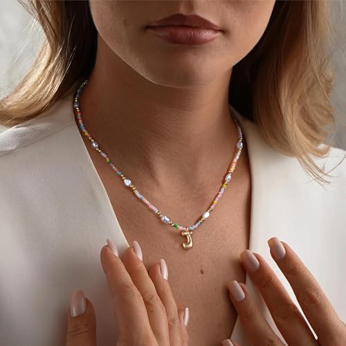 Ritach Initial Necklaces for Women Girls - Light Colorful Beaded Pearl Initial Necklace Real Gold Plated Bubble Pendant Letter Necklaces for Women Teen Girl Gifts Trendy Stuff4