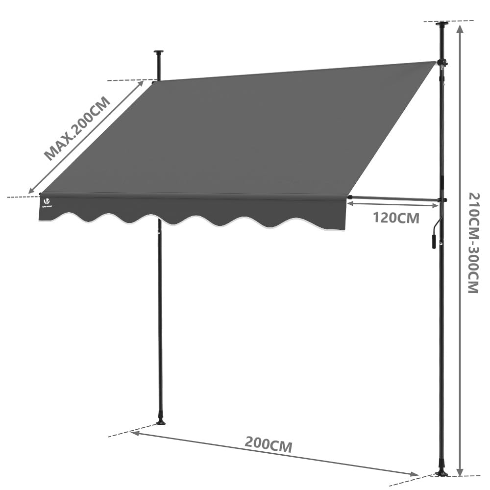 VOUNOT® Tenda da Sole Avvolgibile, Tendalino Parasole Retrattile Manuale Regolabile in Altezza con Manovella per Balcone Giardino Esterno, 200x120x210-300 cm, Grigio