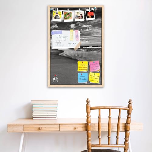 Image of ArtzFolio Sea, Air, & Land Monochrome Contrast | Bulletin Board Notice Pin Board | Vision Soft Board Combo with Thumb Push Pins & Sticky Notes | Natural Brown Frame | 12 x 18 inch (30 x 46 cms)