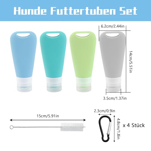 Deepton Futtertube zum Befüllen Hund 9 Stück, 90 ML Leberwurst Hunde Tube, Wiederverwendbar Reiseflaschen zum Befüllen, Silikon Futtertube mit Karabiner, Reinigungsbürste für Hundetraining, Unterwegs