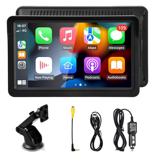 Focenat 7 Pulgadas Portátil Radio Coche,Portátil Pantalla Táctil Reproductor Bluetooth,Radio Coche para Carplay Inalámbrico y Android Auto,con Bluetooth Manos Libres/GPS/AUX/FM Transmisión