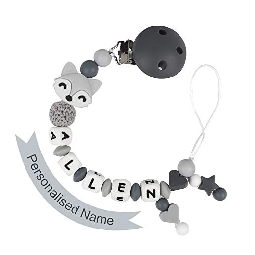 Personlig dummyklämma med namn för baby pojkar tänder, silikon napp klämmor napp kedjor bitringshållare BPA-fri, personliga presenter till nyfödda (grå)