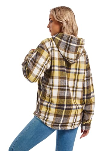 WINDFIT Damen Fleece-Flanelljacke mit durchgehendem Reißverschluss, kariert, Sherpa-Futter, Jacke für Damen, gelb, L