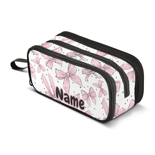 Image of Custom Pink Bows Dots Pencil Case Box Boys Girls Personalized Name Large Pencil Pouch Stationery Pen Bag Organizer for Kids Adults School Office