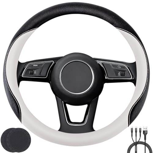 Car Steering Wheel Cover Non-Slip Soft Leather Protector for Steering Wheel with a Diameter of 14.5-15 with 2 Coasters and USB Charging Cable (White)