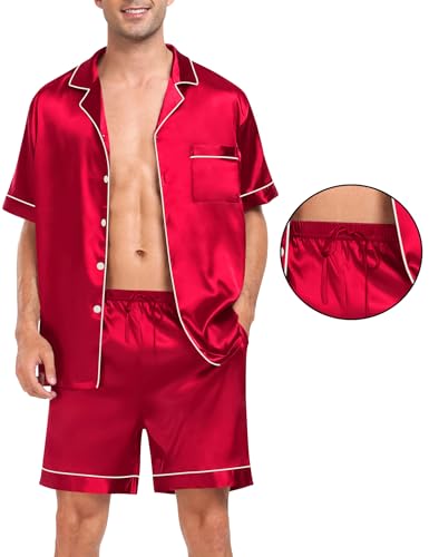 Image of SWOMOG Men Silk Pajama Set Short Sleeve Satin PJs Sets 2 Piece Button Down Sleepwear Soft Summer Loungewear with Pockets