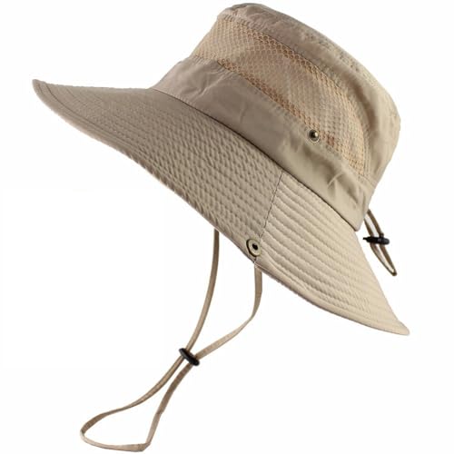 Image of STORE 2508 Wide Brim Sun Hat for Men and Women Outdoor Safari Hat with Adjustable Chin Strap Breathable Mesh Panels and Anti Sweat Band for Hiking Fishing Camping Beige