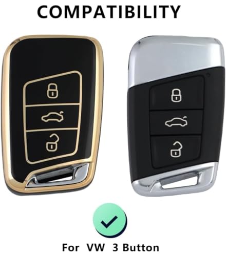 Image of TPU Car Key Cover Black & Golden Compatible for Skoda Kodiaq, Superb, Octavia, Karoq (Skoda, 3 Button Push Smart Key)