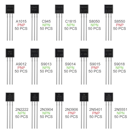 750 Pcs Transistor Kit A1015 C945 C1815 S8050 S8550 S9012 S9013 S9014 S9015 S9018 2N2222 2N3904 2N3906 2N5401 2N5551 15 Values PNP NPN Power Transistors Assortment Kit