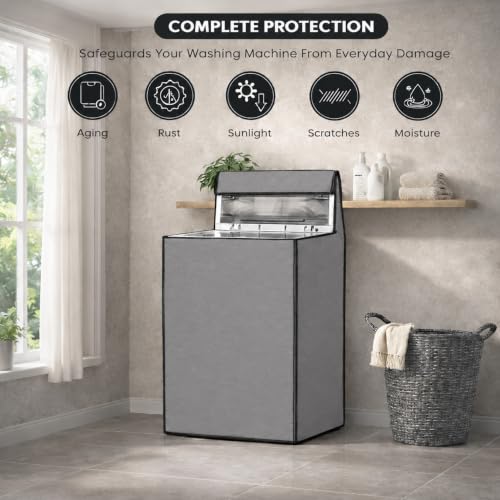 Image of Washing Machine Cover Top Load 8kg | Heavy Duty Waterproof Polyester Protective Cover | Dustproof & UV Resistant | Universal Fit For All Fully Automatic Machine (Gray)