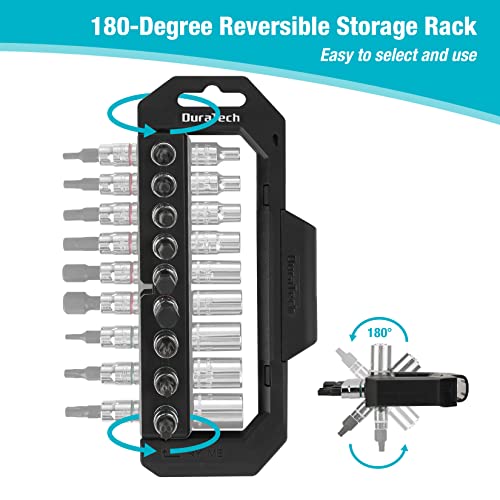 Duratech 1/4" Drive Socket Set, 20 Pieces, Including Metric And Bit Sockets, Ratchet Wrench, Extension Bar, And Swivel Storage Rack, Cr-V S2 Alloy Steel, Meets Ansi Standards #TOP1