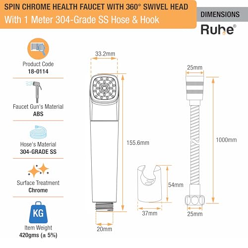 Image of Ruhe Spin Health Faucet Set for Bathroom | Handheld 360 Adjustable Head Jet Spray for Toilet | ABS Hand Spray Gun with 304-Grade Stainless Steel Flexible Shower Tube 1 Meter and Wall Hook /Holder