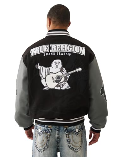 True Religion Men's Boxy Varsity Jacket – Snap Front Bomber Style with Embroidered Logos4