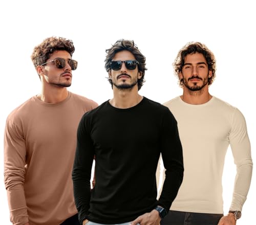 Image of Veirdo Pure Cotton Round Neck Regular Fit Solid Full Sleeve T-Shirt Pack of 3 Combo for Men (Colors: Swanwhite, Green, Navy, Black, Cork, White & Maroon)