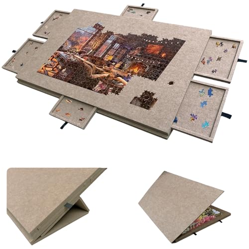 SJGEIDM ジグソーパズル収納ボード、折りたたみ式、引き出し付き滑り止めパズルスタンド、蓋付きポータブルパズルスタンド、6つの引き出し付きポータブルキッズパズルソーティングフェルトテーブルマット (1000ピース（77×53.6×4.2cm）,ダークベージュ)
