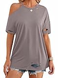 Remidoo Distressed Tshirt Women Short Sleeve Ripped Shirt Off Shoulder Tops Oversized Tee Grey X-Large