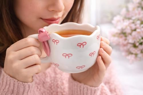 Image of Cute 3D Bow Ceramic Mug Handmade & Handpainted | Pink Ribbon Coffee Cup | Microwave Safe Tea Mug | 300 ml | Aesthetic Gift for Girls, Women, Birthday & Valentine