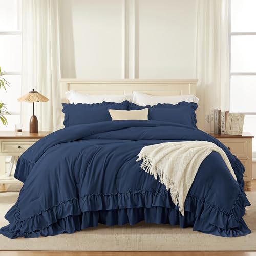 Image of Andency Navy Blue King Comforter Set (104x90Inch), 3 Pieces Ruffle Comforter Set with 2 Pillowcases, Farmhouse Shabby Chic Lightweight Fluffy Soft Polyester All Season Bed Set