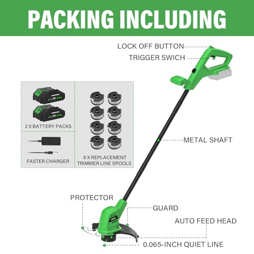 Cordless Weed Wacker 20V, 2×2.0Ah Battery Powered String Trimmer with Charger, 10-Inch Electric Grass Trimmer Edger for Yard and Garden, Green by SOYUS - Image 6