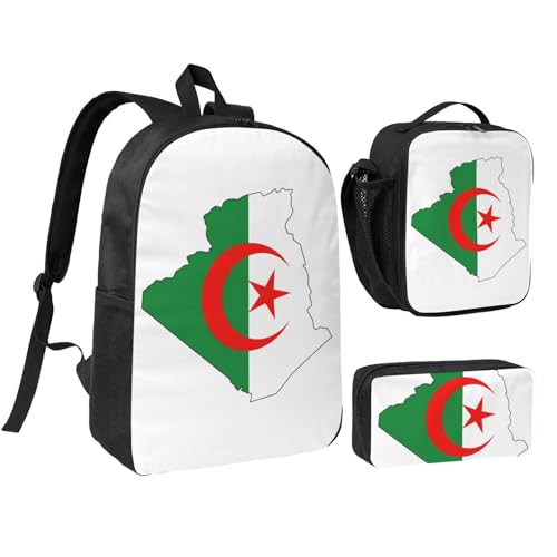 Algeria Flag Map print Shoulder Bookbags Lunch Bag and Pen Case 17 inches Backpack with Lunch Box, Cute Bookbag Set
