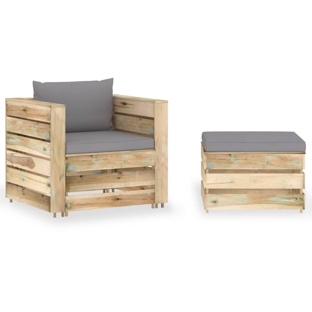 Juego de 2 muebles de jardín de madera de pino impregnada verde con cojín, incluye mesa y sofá, resistente a la intemperie, juego de muebles de jardín para terraza, balcón y salón