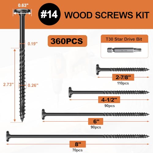 Image of #14 Heavy-Duty Wood Screws Assortment Kit, 360Pcs Star Drive Decking Wood Screws, Rust Resistant Timber Screws for Log /Landscaping Wood (2-7 /8 inch,4-1 /2 inch,6 inch,8 inch)