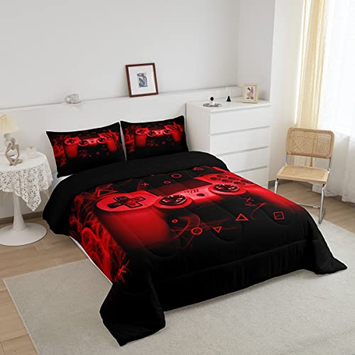 Red Gaming Duvet Single Size Gamer Comforter Teens Boys Video Game Decor Bedding Set Kids 2 Piece Console Game Controller Quilted Duvet Set Soft Black - Image 2