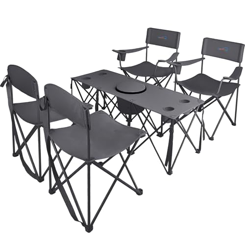 Colorsoul 5 Pcs Camping Chair Set w/Table Outdoor Folding Chairs with Cooler Bag Cup Holder & Portable Table Heavy Duty Oxford Fabric Lawn Chairs for Camping Fishing Picnic Sporting Events Grey