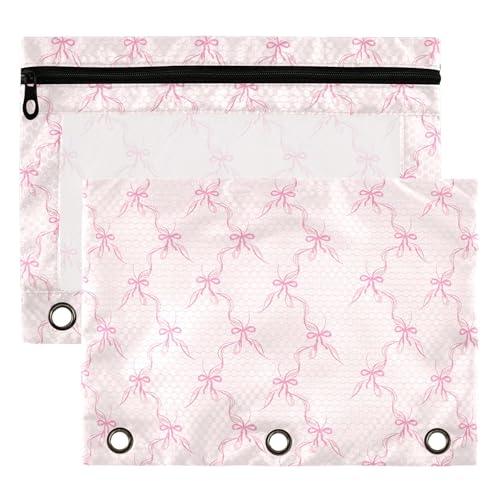 Wamika Bowknot Pink Binder Pouches 3 Ring for Boys Girls School Office College Supplies Cute Bow Ribbon Tie Pencil Pouches Case Bag with Clear Window and Zipper 2 pack