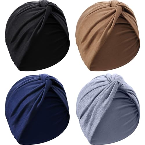 4 Pieces Turbans for Women, Soft Pre Tied Knot Fashion Pleated Turban Cap Headwrap Sleep Hat for Woman
