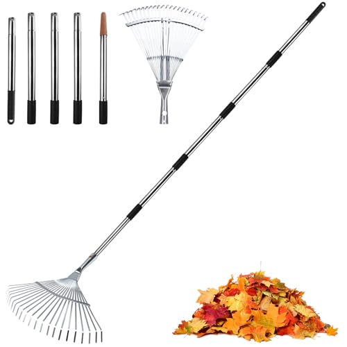 Rodison Garden Leaf Rake, Adjustable Lawn Rake for Gardening, Long Handle 37-67 Inch with 22-Tine Expandable Head 11.4-18 Inch for Garden/Lawn/Yard/Artificial Grass - Heavy Duty & Rust-Resistant