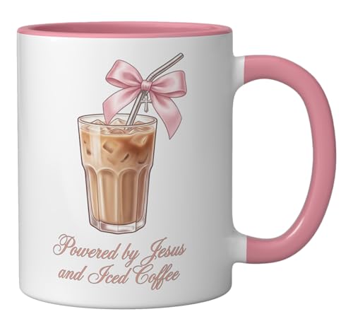 Taza de cerámica retro Powered By Jesus y Iced Coffee rosa/blanca miniatura 2