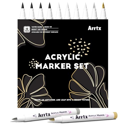 Arrtx アクリルマーカー 4本 ブラック 4本 ホワイト 1本 ゴールド 1個 シルバー1本 ブラシチップ アクリルペイントペン ペイントマーカー 10本セット 速乾性 メタルウッドストーン プラスチックセラミック DIYクラフト用