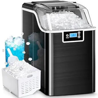 Kismile Nugget Ice Makers Countertop, 45lbs/Day Pebble Ice Maker Machine with 24-Hour Timer, Self-Cleaning Sonic ice Maker with Ice Scoop and Ice Basket for Home & Kitchen (Stainless Steels Black)