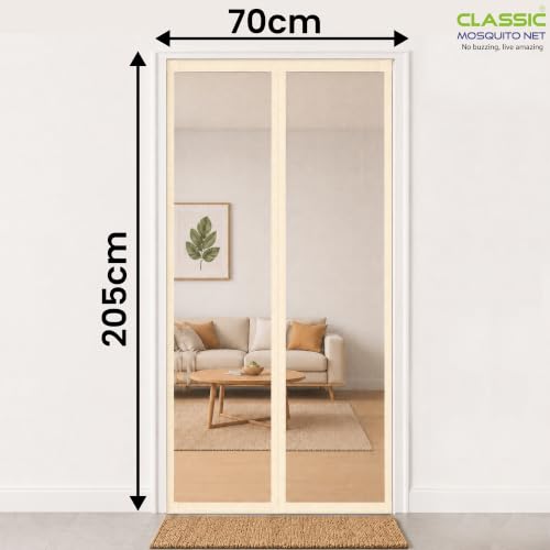 Image of Classic Mosquito Net for Doors with Magnets | Tear-Resistant Fiberglass Mesh | Auto-Close Magnetic Screen Door, Balcony & Kitchen | DIY Installation | Protection Insects (205 x 70 cm,Ivory)