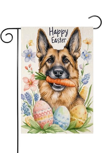 HILILIAN Happy Easter Garden Flag 12x18 Inch Double Sided Outside, Floral German Shepherd carrot Yard Outdoor Decoration(12786)
