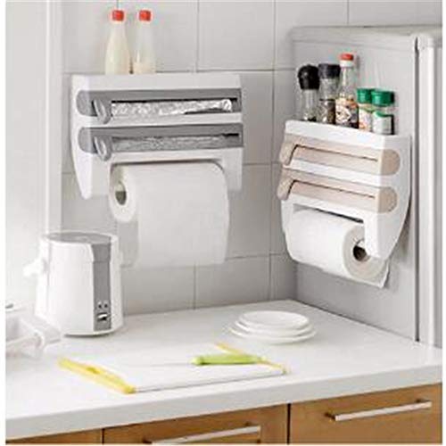 4-in-1 Wall-Mount Paper Towel Holder Plastic Wrap Foil Dispenser Kitchen Cling Film Taste Bottle Storage Rack Kitchen Accessor (Gray)