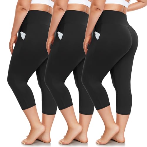 3 Pack Plus Size Capri Leggings with Pockets for Women -High Waist Stretchy 1X-4X Workout Yoga Pants(3XL,BLK)