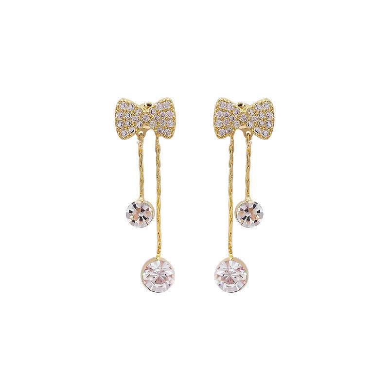 Gold-Tone Crystal Rhinestone Bow Stud Drop Earring with Long Tassel and Round CZ Dangles-image-38