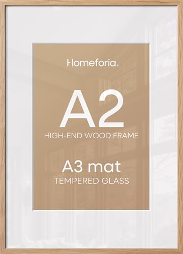 Image of Homeforia A2 Natural Oak Picture Frame, High-End Wood, A3 Mat, Glass | High End Solid Oak Wood, Tempered Glass, Acid-Free A3 Removable Mat, A2 Edge-to-Edge Display, Wall Kit, Set Of 1