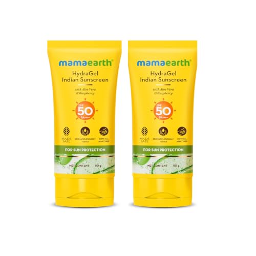 Mamaearth Hydragel Indian Sunscreen With Aloe Vera And Raspberry For Sun Protection | SPF 50 & PA++++ Protection | Shields From UVA & UVB Rays | Tan Protection All Skin | Non-Sticky&Light | 50 G X 2
