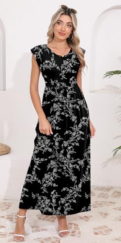 DB MOON Womens 2025 Maxi Dresses Empire Waist Long Summer Dress Casual Cap Short Sleeve Sundress with Pockets4