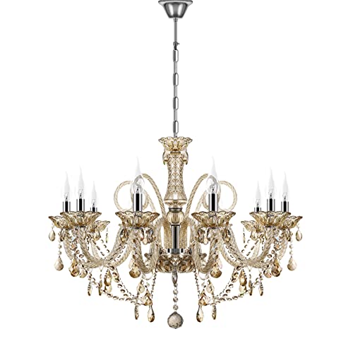 TRY-YEAN Lustre Cognac en Cristal 10 Bras Luxueux Lampe de Plafond E14 Lustre Cristal K9 Lustre Suspension Pampilles avec Chaîne Réglable Éclairage Style Bougie pour Salon Chambre Entrée De Couloir Cover
