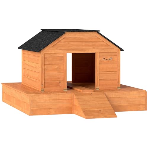 PawHut Floating Duck Coop Wooden Duck House with Ramp and Waterproof Asphalt Roof Small Animal House with Dual Openings for 1-2 Poultry Small Geese 66 x 43 x 28 Orange