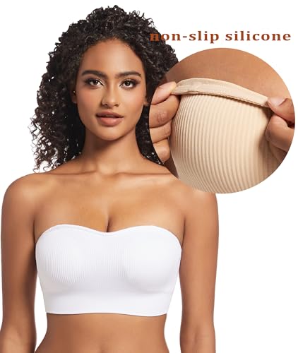 Image of PRETTYWELL Strapless Bra for Women Ribbed Seamless Non-Slip Comfort Padded Wireless Bandeau Bras Wireless Tube Top Bra