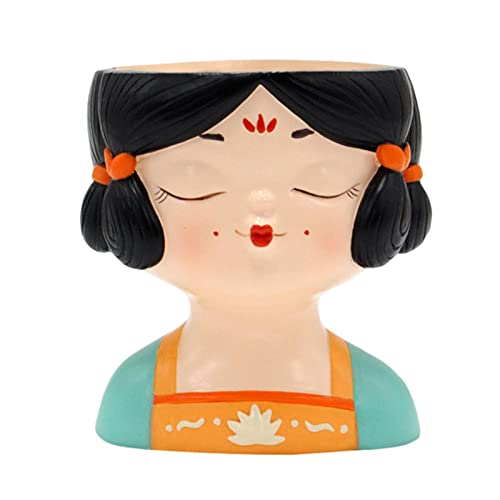 MUMIAO Macetero cabeza de mujer | Maceta con cabeza de niña de estilo antiguo, jardinera con cabeza de maceta con cara de resina con orificio de drenaje para plantas de exterior para interiores