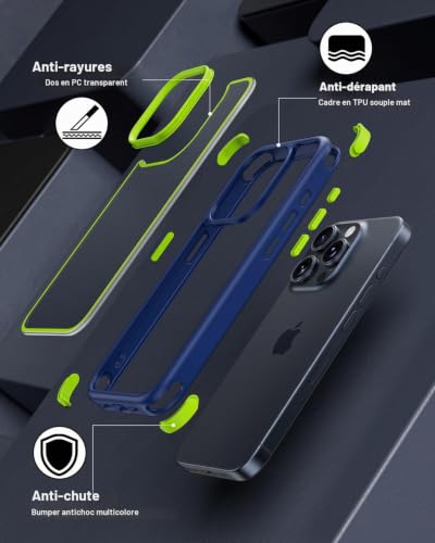 Coque iPhone 15 Pro Max antichoc silicone transparent polycarbonate rigide bleu vert