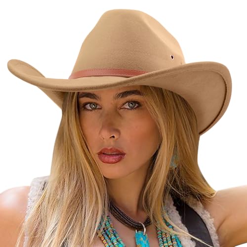 Image of DRESHOW Cowboy Hat for Women and Men Western Felt Cowboy Cowgirl Hat Wide Brim Belt Buckle Retro Fedora Hats Unisex Caps