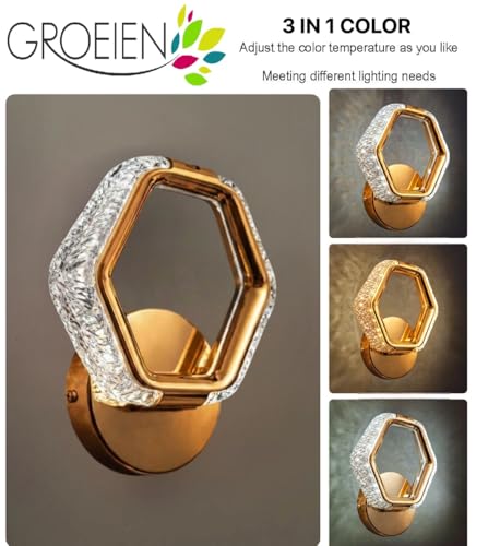 Image of Groeien Pack of 2 | 10W | 3 Color Modern LED Hexagon Shape Crystal Wall Sconce Gold Wall Light for Bedroom Living Room Corridor Lighting Fixtures Wall Mount(Hexagon Crystal-Golden, 2)